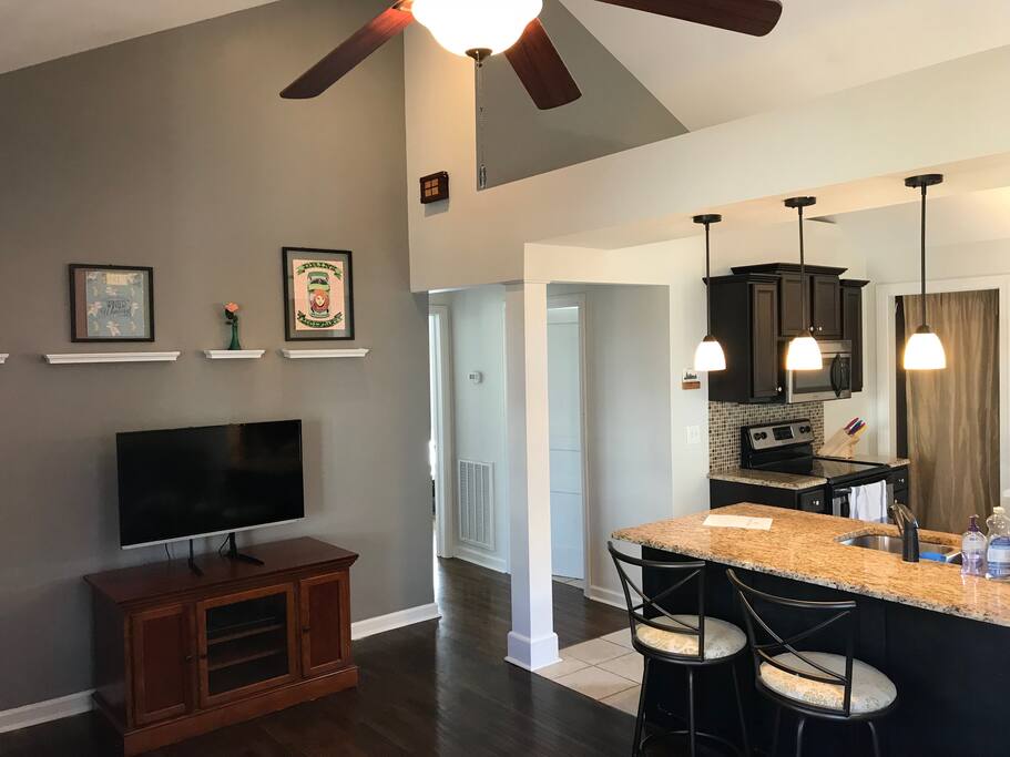 open living room and kitchen with high ceilings