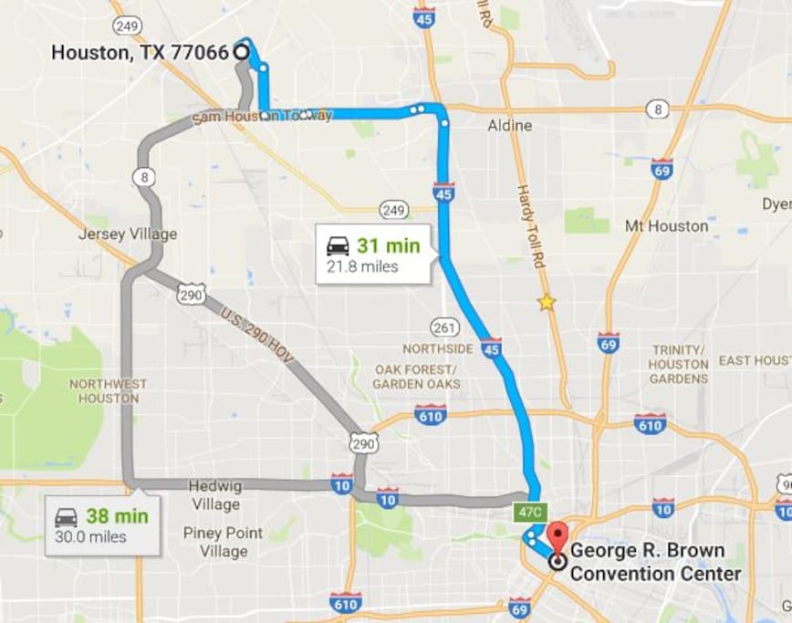 Approximate distance and travel time to downtown