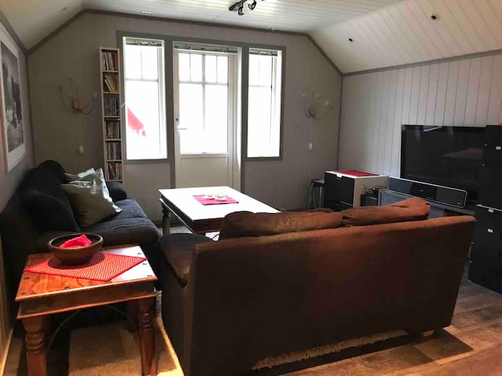 Sebule ya roshani. Kochi zinaweza kutumika kama kitanda ikiwa unataka. Malango ya ngazi mbele ya ngazi