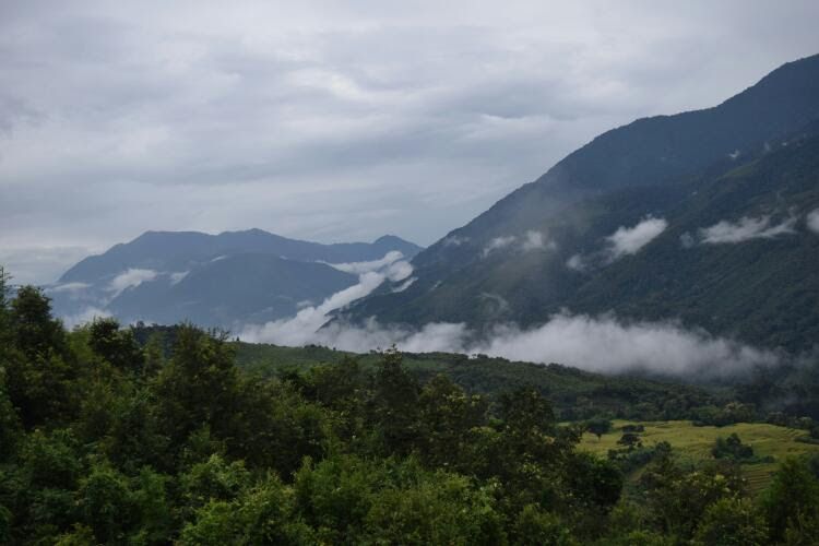 A serene landscape captures rolling mountains shrouded in clouds, with a soft mist drifting through the valley. Lush greenery blankets the foreground, while the varied textures of the mountains add depth to the tranquil scene.