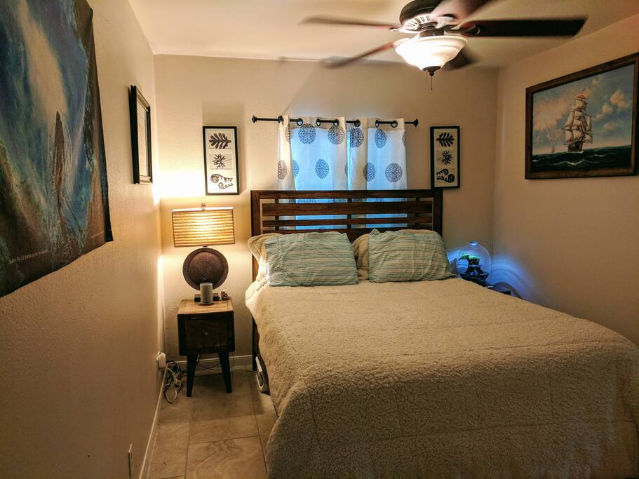 The view of your cozy bedroom upon entry.