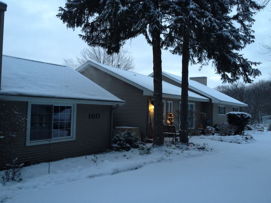 Winter at our home in Milford. The trees were taken down last year and a new front door was added.