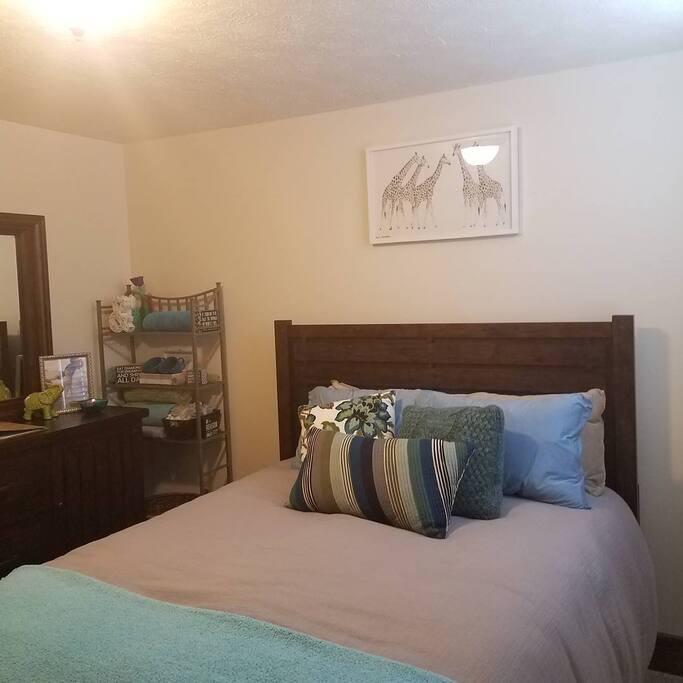 Amenity shelf with toiletries in bedroom for convenience (includes, towels, morning coffee mugs and candy)