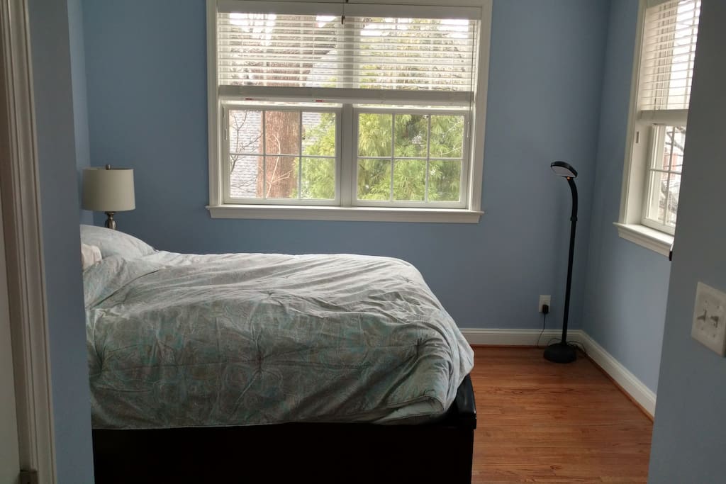 Sunny bedroom with three windows surrounded by trees