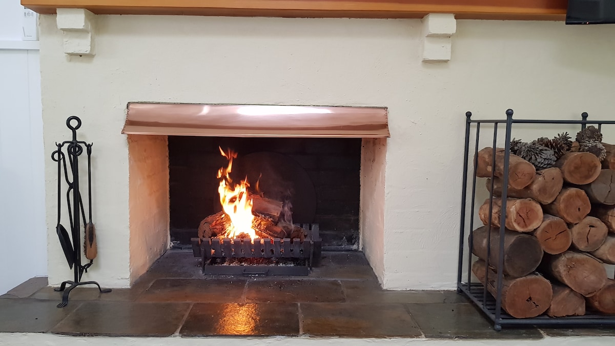 An open fireplace is centrally located along a textured stone base, with a gentle flame flickering above a wooden log arrangement. A nearby firewood holder displays neatly stacked logs, providing warmth and a cozy focal point to the space.