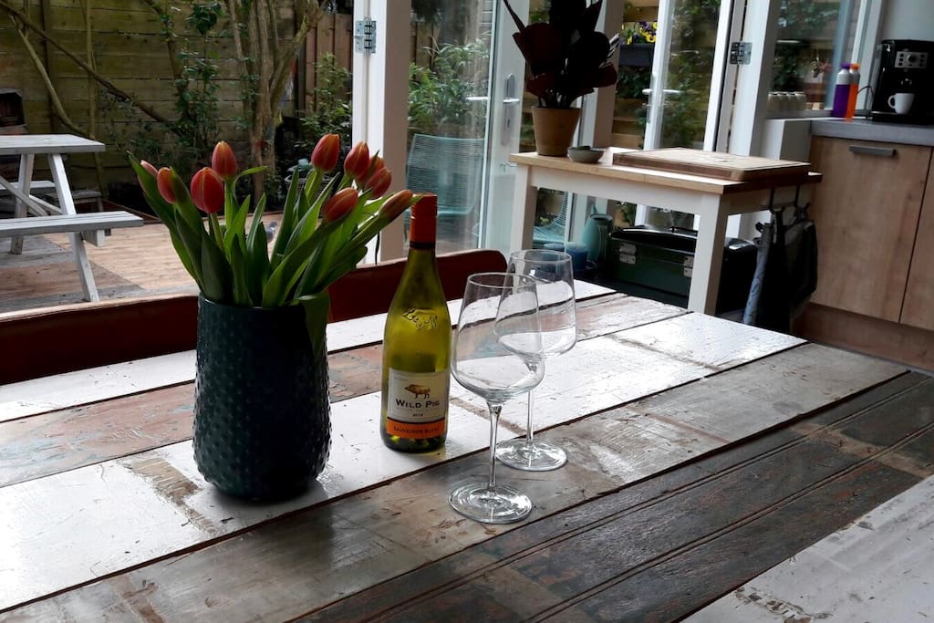 Cheers at our dining table!