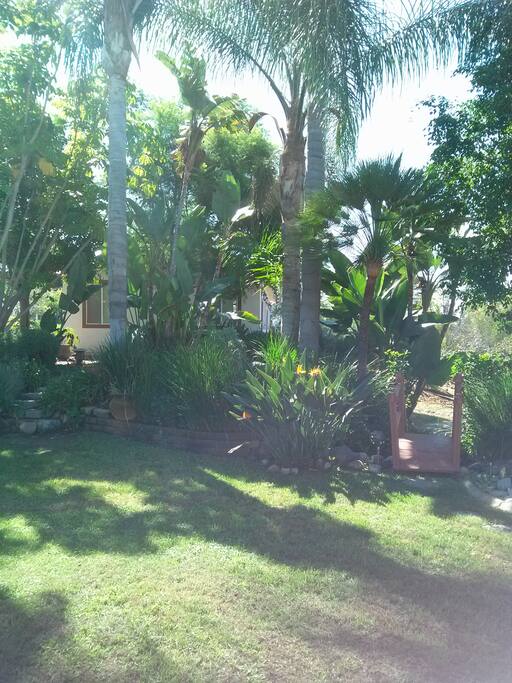 Beautiful rolling brook and bridge in front of Casita