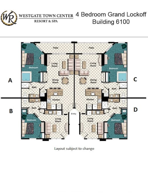 Floor plan of 4 bedroom unit. The 2 bedrooms being offered are of units A and C. There is a connecting door between the two units and each has their own outside entrance.