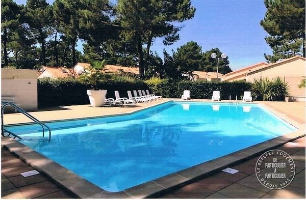 A clear blue pool surrounded by a sunbathing area features white lounge chairs arranged neatly. Tall trees provide shade along the perimeter, with lush greenery enhancing the tranquil ambiance. A sunlit path leads to the pool, which is framed by light-colored paving.