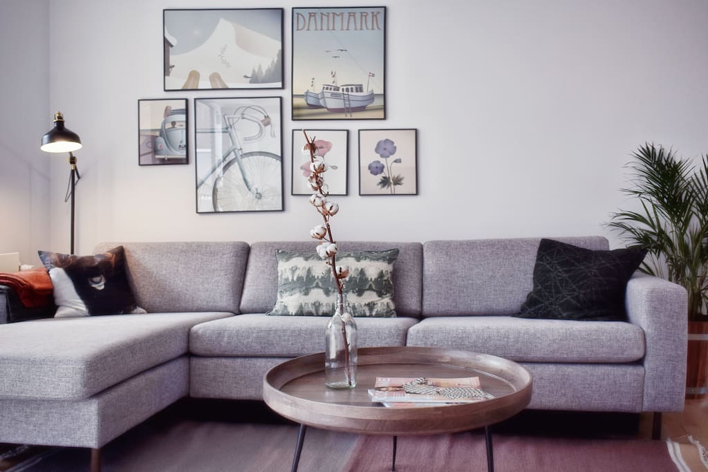 Our lovely living room brightened by Danish design posters