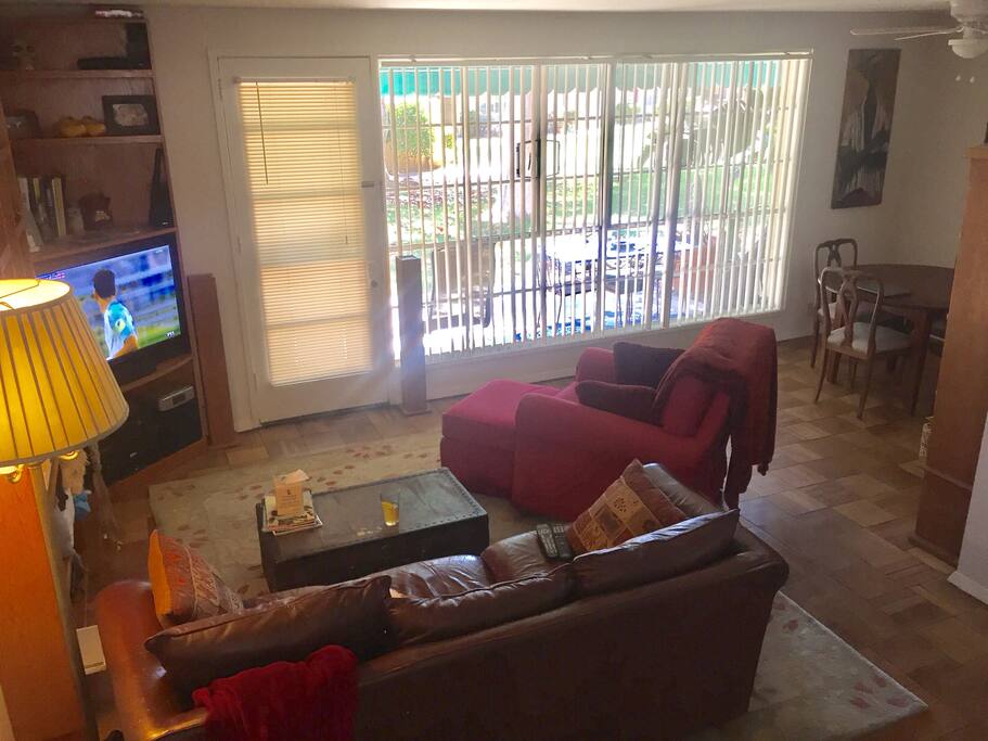 Looking out from living room to back yard.