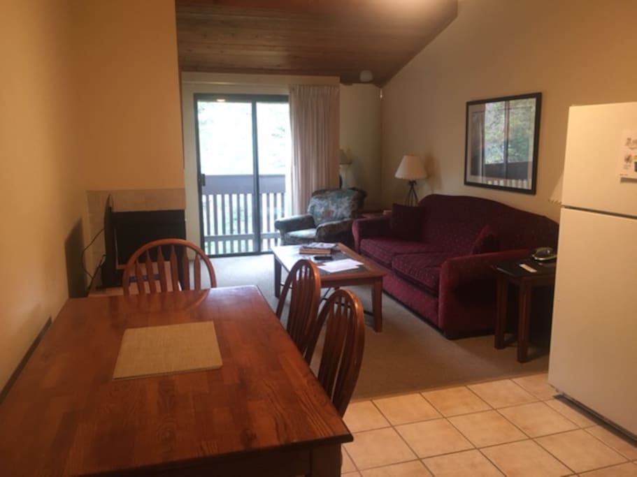 Shot from the kitchen, looking towards the balcony that looks over Gore Creek.