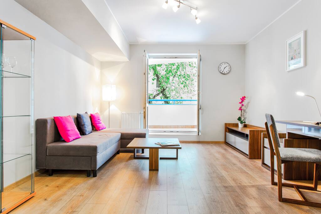 Salon z rozkładaną sofą.
Living room with sofa for 2