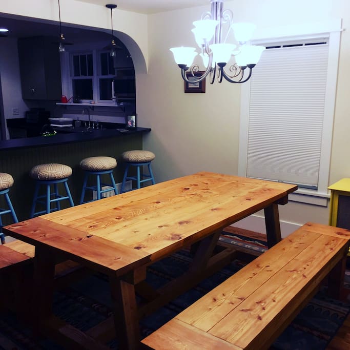 We have upgraded the dining table! Made with love about 50 feet away in our garage.