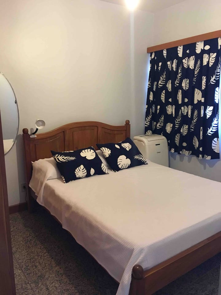 Dvojposteľová izba s výhľadom na more, prenosná klimatizácia a stropný ventilátor.