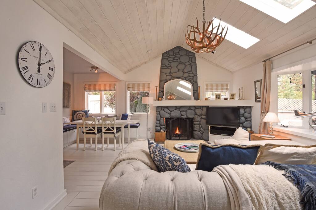 Living room with stone hearth