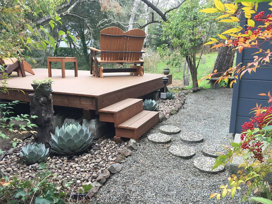 Our Zen porch, that overlooks a creek with wild birds, and a cacophony of frogs and crickets.