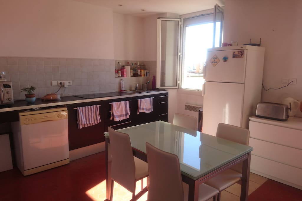 Espace cuisine avec plaques à induction et table pouvant contenir jusqu'à 8 personnes (elle se déplie).