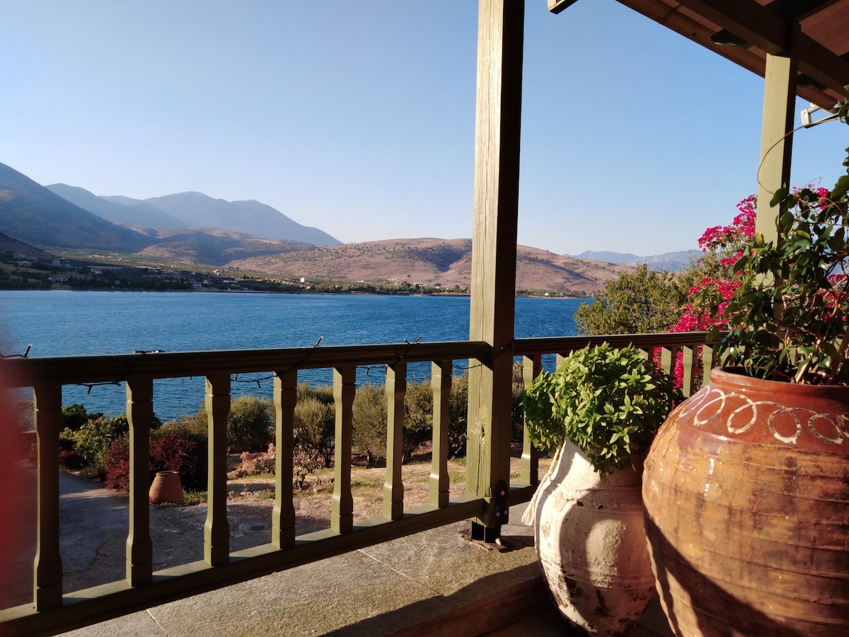 A serene view of a tranquil sea framed by a wooden balcony, showcasing lush mountains in the background. Colorful pots with blooming flowers add vibrancy to the scene, while the clear blue water reflects the sunny sky, creating a peaceful outdoor atmosphere.