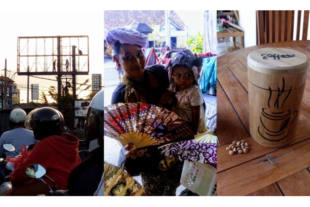 Local skyline driving thru Denpasar, a street vendor selling beautiful fans made from scrap batik fabric, and a coffee jar made by Arief.