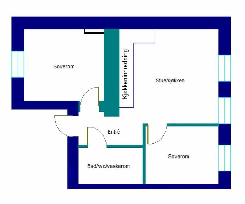 Romløsning:
2 soverom, bad og åpen kjøkken/stue