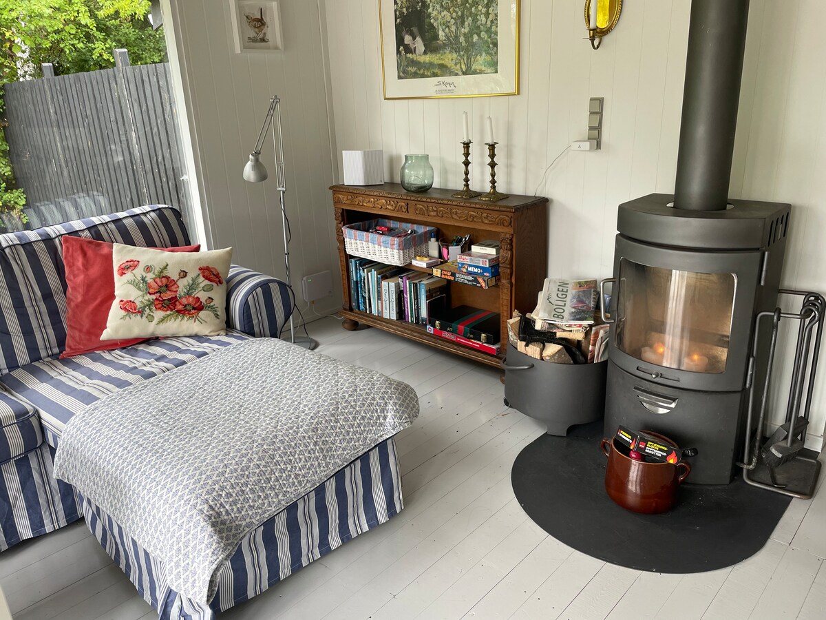 A cozy living area features a striped sofa accompanied by a decorative pillow. A wooden bookshelf, filled with books, is positioned next to a modern wood-burning stove. Light-colored flooring and wall art provide a bright ambiance, enhancing the space.