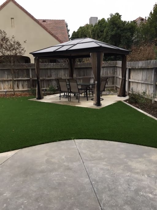 Backyard with synthetic lawn