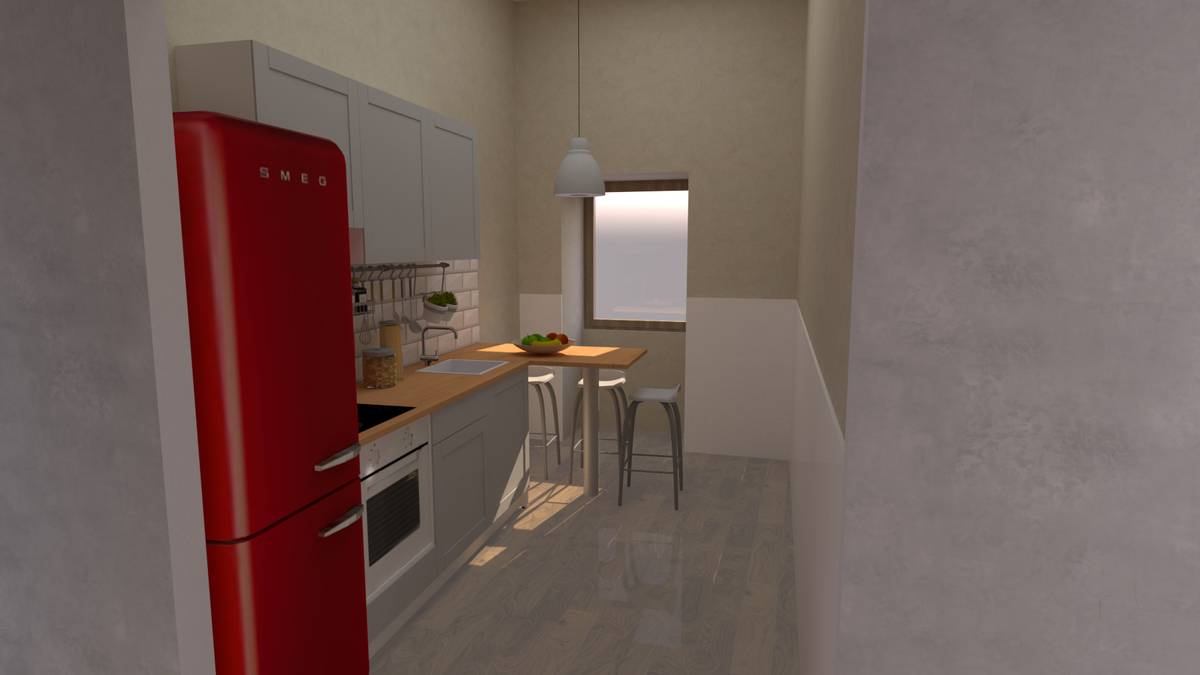 A compact kitchen space is showcased with light grey cabinetry and a red refrigerator. A wooden table with two metal stools provides a dining area, while a window allows natural light to enter. The flooring is smooth and reflects light, adding to the atmosphere.