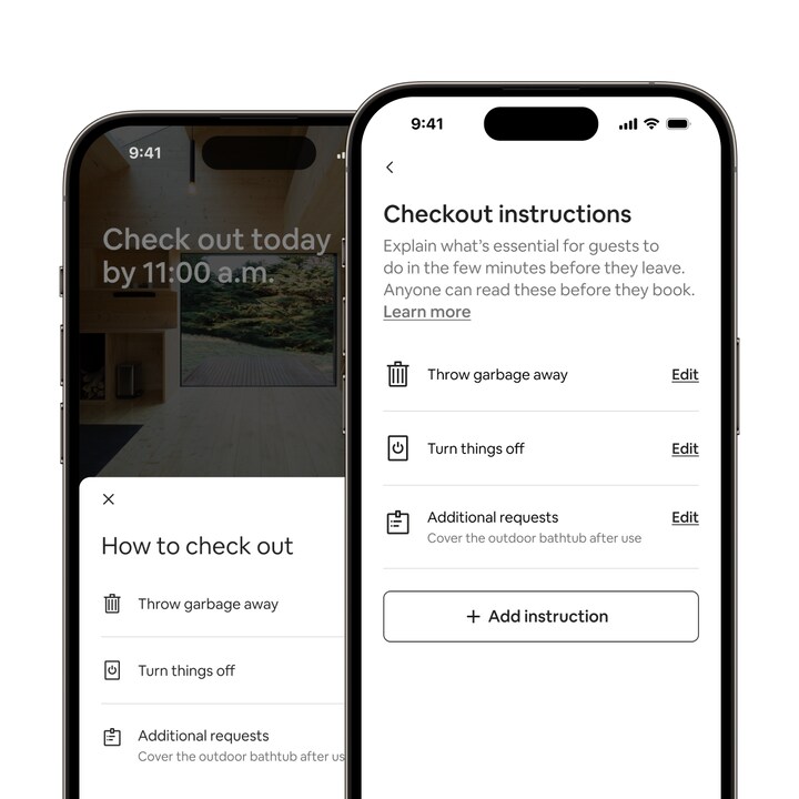 Airbnb's app showing the new "built-in checkout instructions" feature, with a list of common checkout tasks.