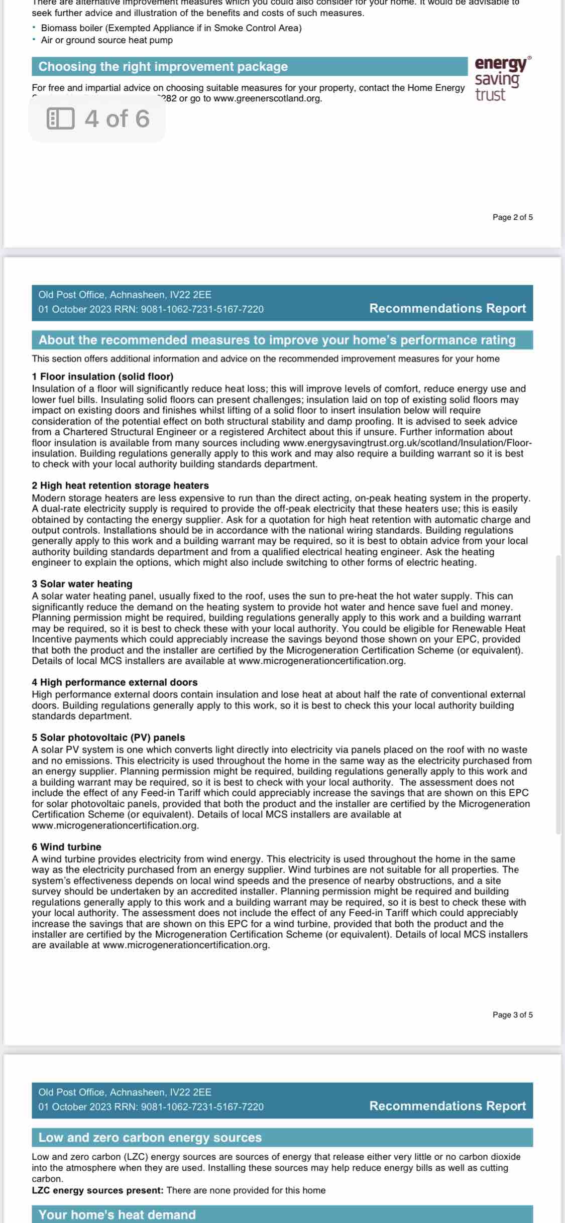 A document featuring a report on energy efficiency recommendations is displayed. The text includes headings and bullet points concerning various methods to improve home insulation, heating systems, and energy sourcing. The layout is clear and neatly organized, with no personal interpretations present.