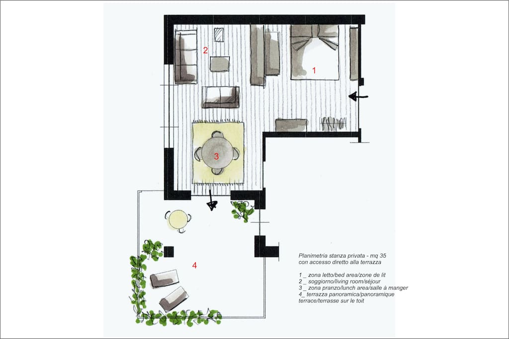 Planimetria stanza privata con accesso diretto alla terrazza panoramica