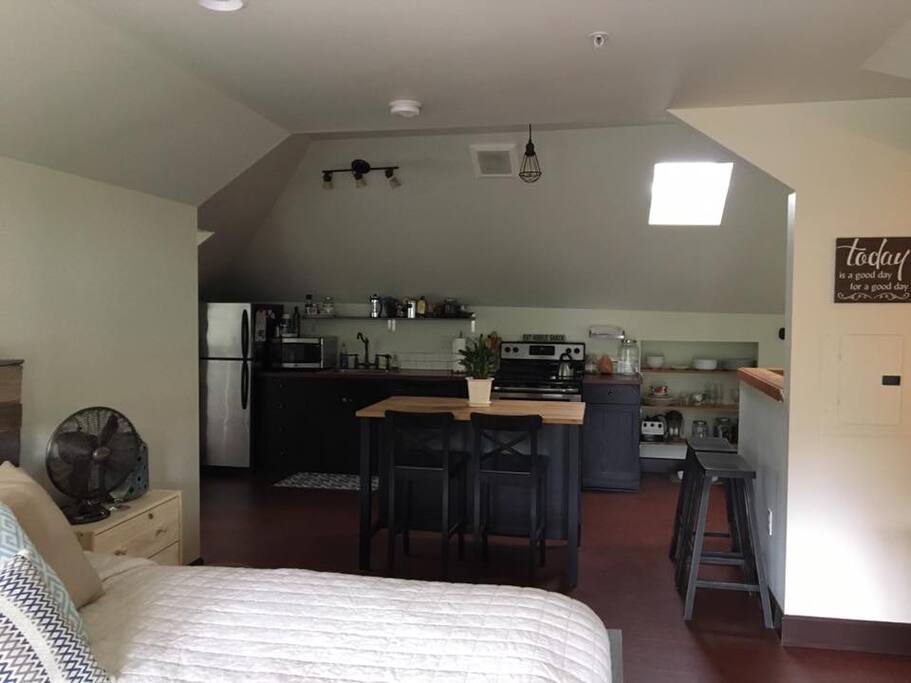 View from the studio bedroom into the rest of the unit, skylight in kitchen