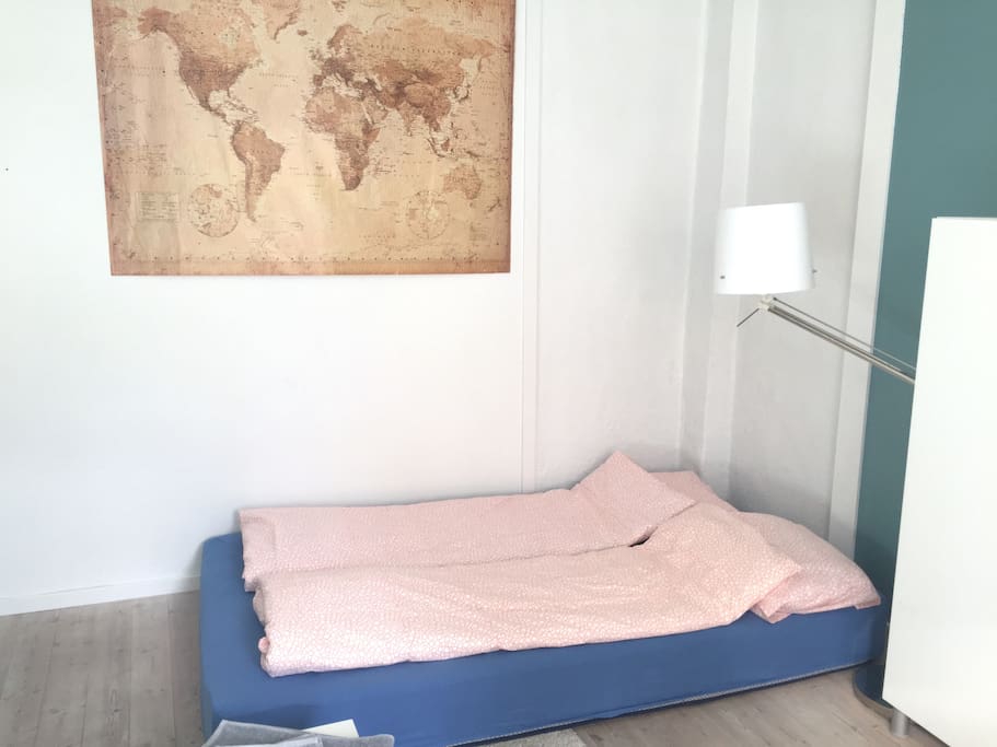 You'll be sleeping on a high quality, "medium hard" double mattress, that comfortably fits two people.