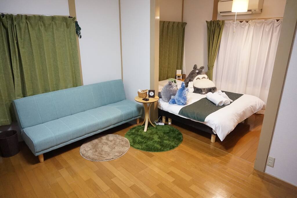 Living room and bedroom, Totoro & friends laying on the bed