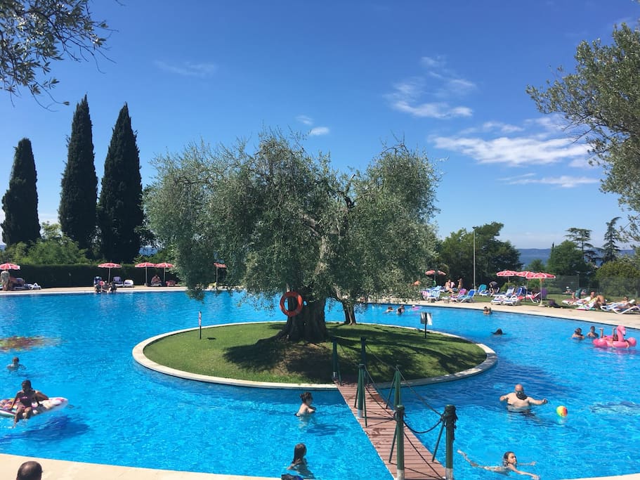 La grande piscina del residence con vista lago