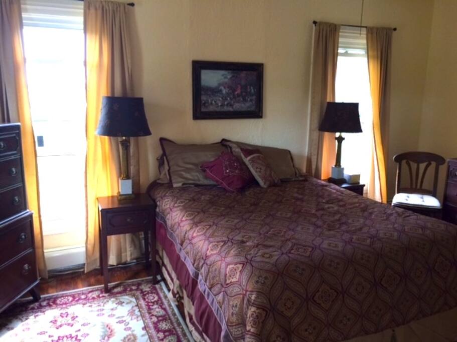Burgundy guest room.