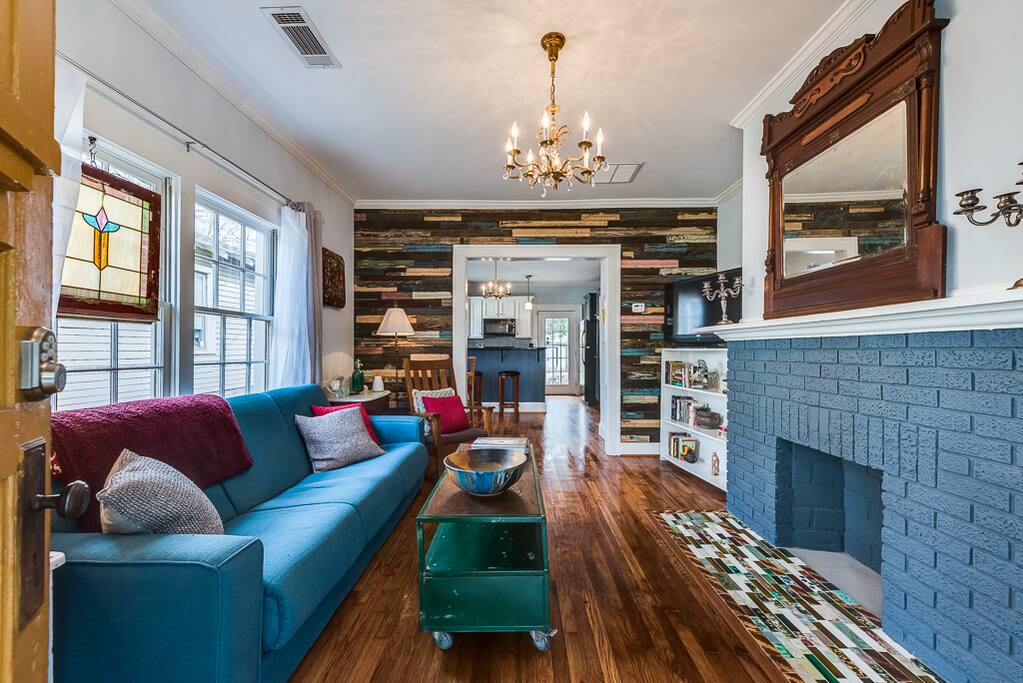 Fireplace boasts 120 year old American encaustic tiles made in Ohio.