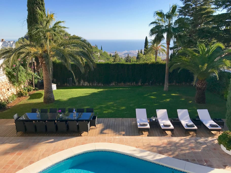 The view takes in the pool, the garden, the shimmering Mediterranean and, on a clear day, the mountains of Africa.