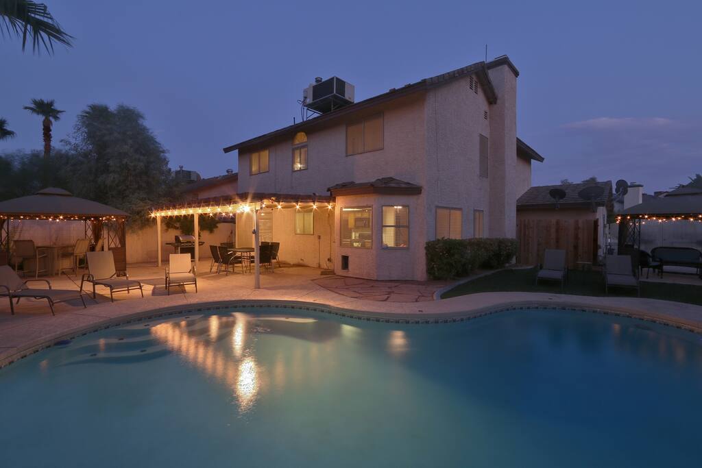 night time shot of the pool