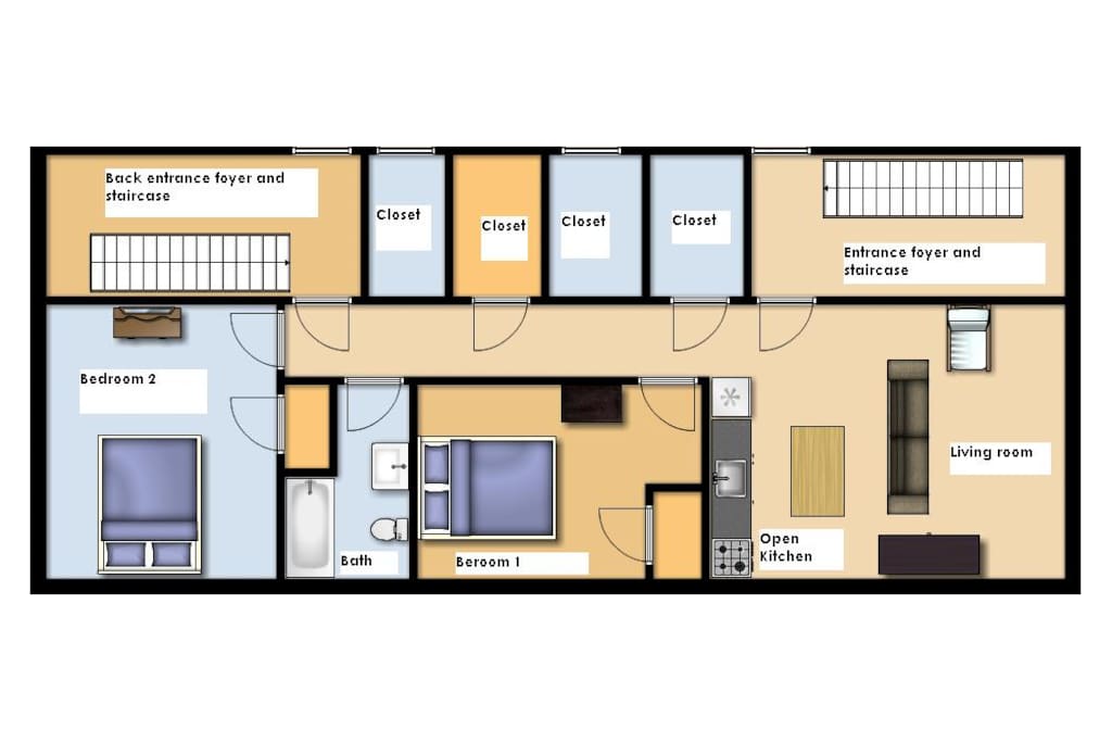 2BD/1BA Floorplan. Front and Rear door access to Front and Rear foyer