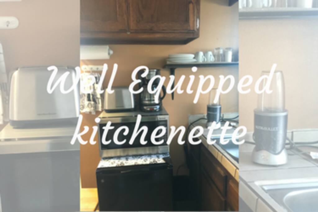 Enjoy the convenience of a small refrigerator, coffee maker, toaster and juicer.