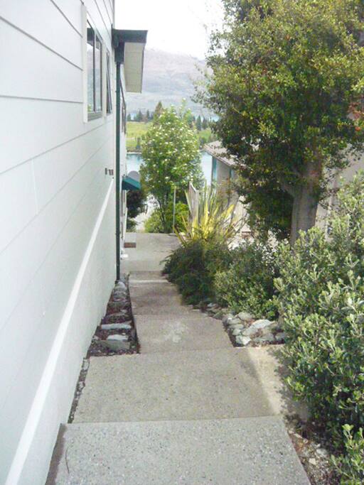 The steps down to the flat entrance