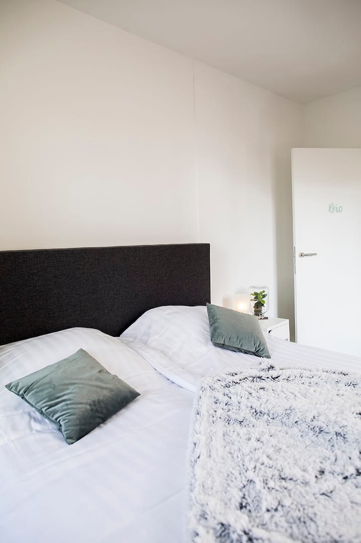 غرفة النوم الحيوية - غرفة نوم جميلة بسرير مزدوج.