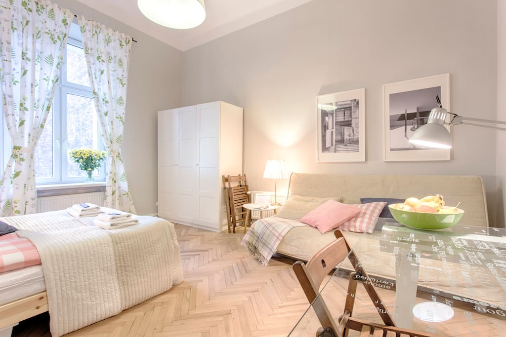 Comfy bed, pull out sofa, wardrobe and working desk