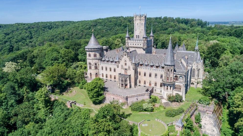 A large historic castle is surrounded by lush green forests, showcasing multiple towers and turrets that rise into a clear blue sky. The architecture features intricate stonework and several distinct sections, presenting a grand and impressive structure set in a natural landscape.