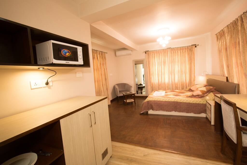 Each room is equipped with a microwave oven, kettle and fridge.