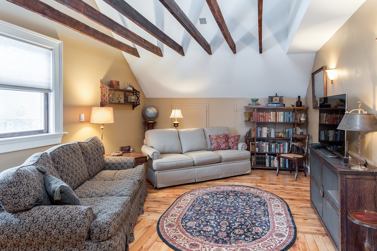 A cozy living area features a patterned sofa and a light-colored couch, complemented by wooden flooring. Natural light enters through a window covered with sheer curtains, highlighting a round area rug at the center. A bookshelf filled with assorted books and a decorative globe provide character.