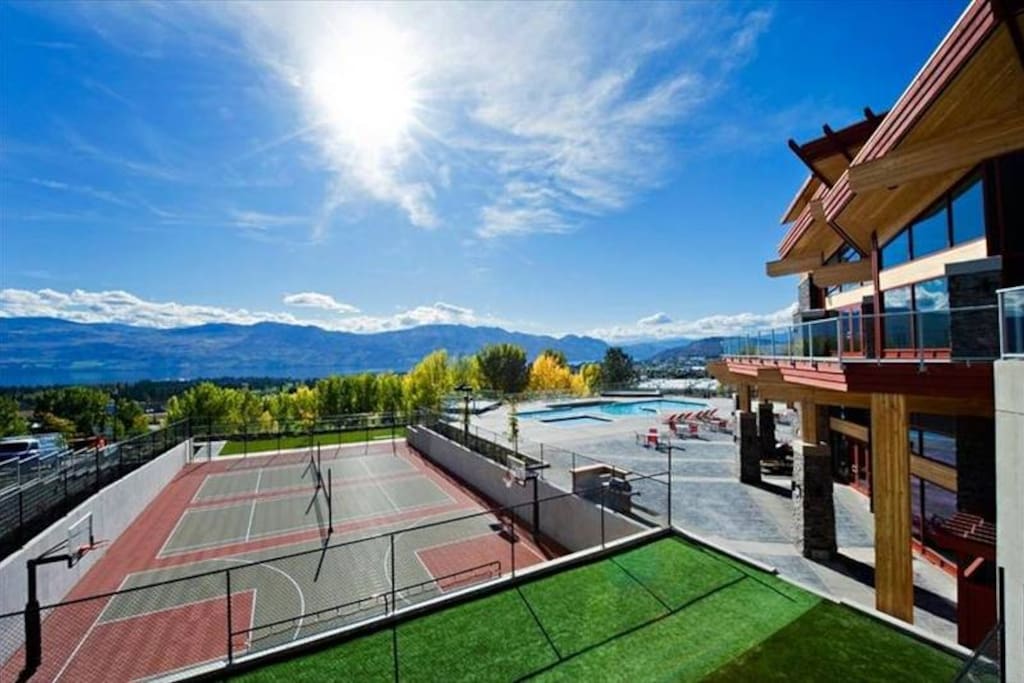 Shoot some hoops? Or a game of volleyball, badminton, or life-size shuffleboard.