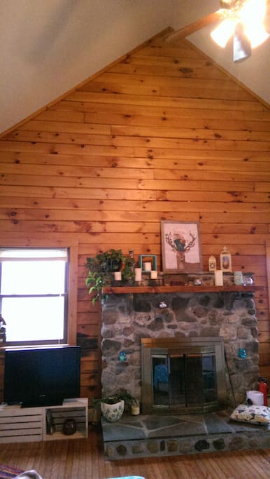 View of the fireplace in the living room.