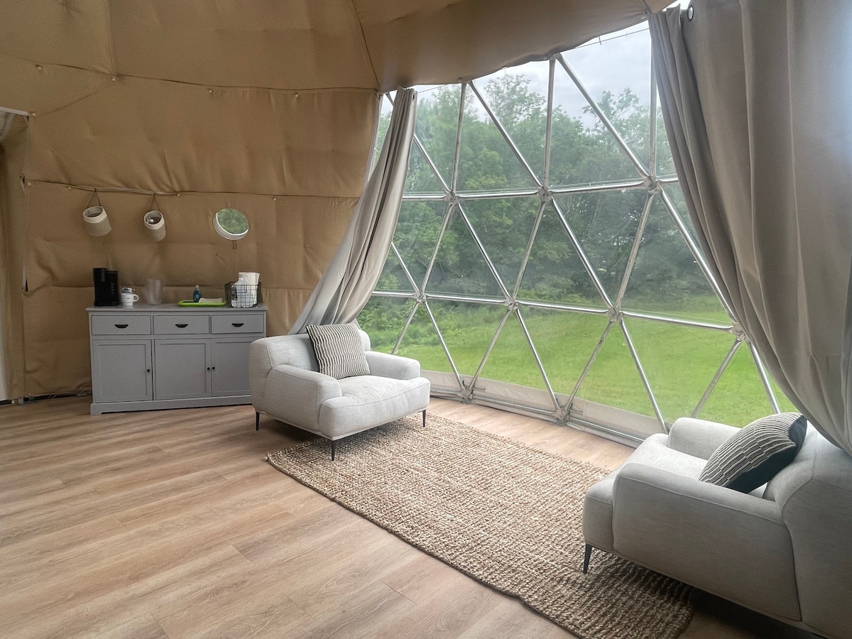 Inside the geodesic dome, light floods the space through large triangular windows, revealing a view of the surrounding greenery. Two comfortable chairs are positioned on a natural woven rug, complemented by a light-colored console table against the wall.